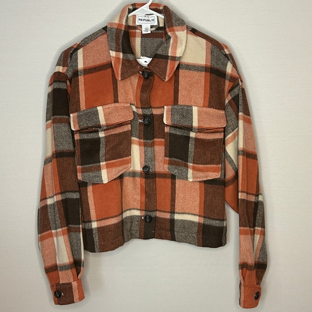 For The Republic Plaid Cropped Flannel Shacket Jacket L NWT Fall Gorpcore Layer